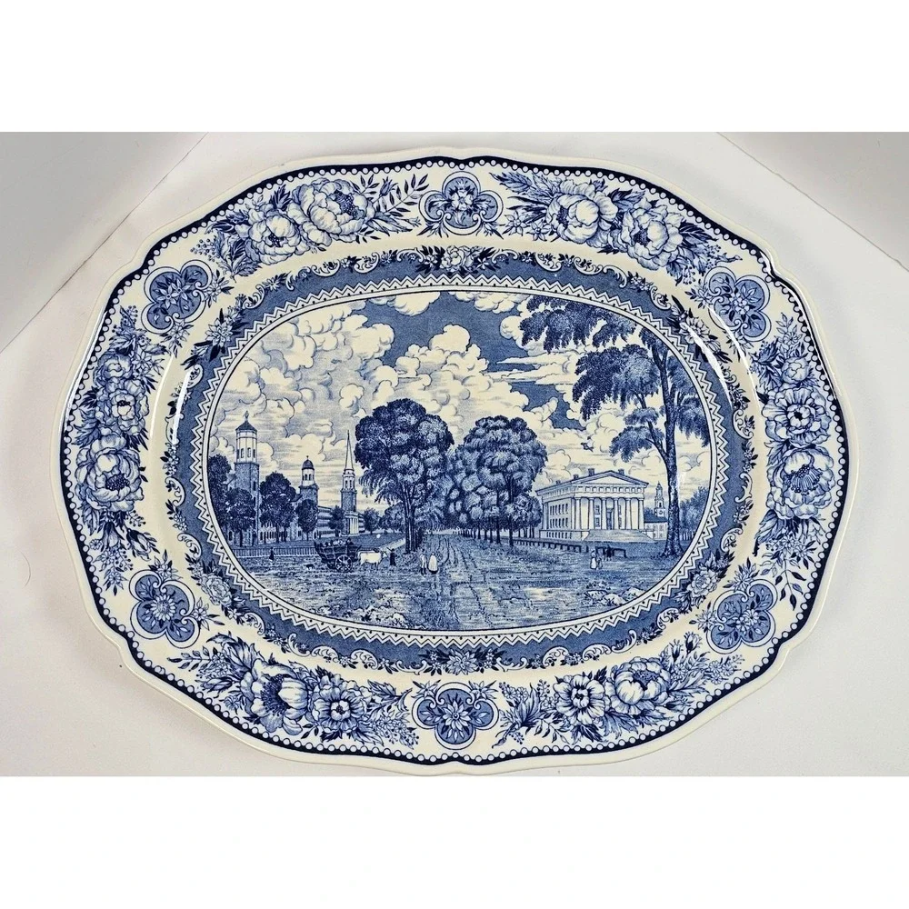 Vintage 1932 Wedgwood Yale University Blue Transferware Serving Platter 16 x 13